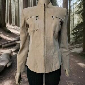 ALFANI Genuine Leather Beige Jacquard Lined Women's Moto Zip Jacket Sz S #W6